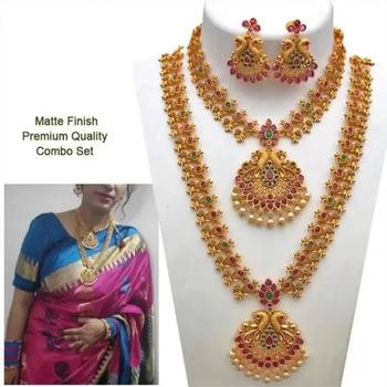 Gold Plated Traditional South Indian Stylish Multicolour Stone Work Long Necklace With Earrings For Women 3