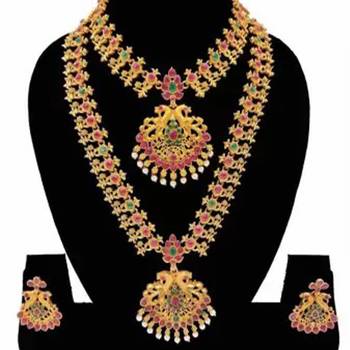 Gold Plated Traditional South Indian Stylish Multicolour Stone Work Long Necklace With Earrings For Women 4