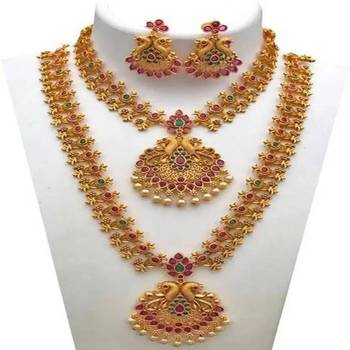 Gold Plated Traditional South Indian Stylish Multicolour Stone Work Long Necklace With Earrings For Women 5