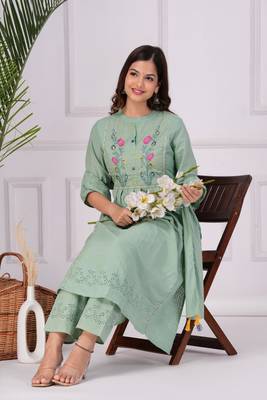 Cotton dobby embroidered green kurta pant and dupatta set 1