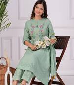 Cotton dobby embroidered green kurta pant and dupatta set