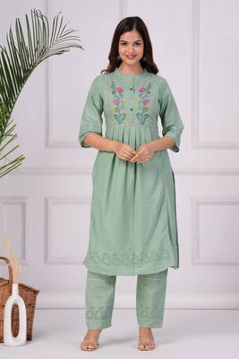 Cotton dobby embroidered green kurta pant and dupatta set 2