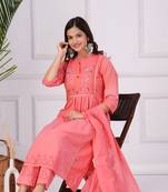 Cotton dobby embroidered orange kurta pant and dupatta set