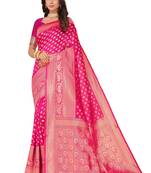 Leeza Store Women's Blue Cotton Silk Blend Latest Kanjivaram Kanchipuram Golden Zari Woven Design Banarasi Saree