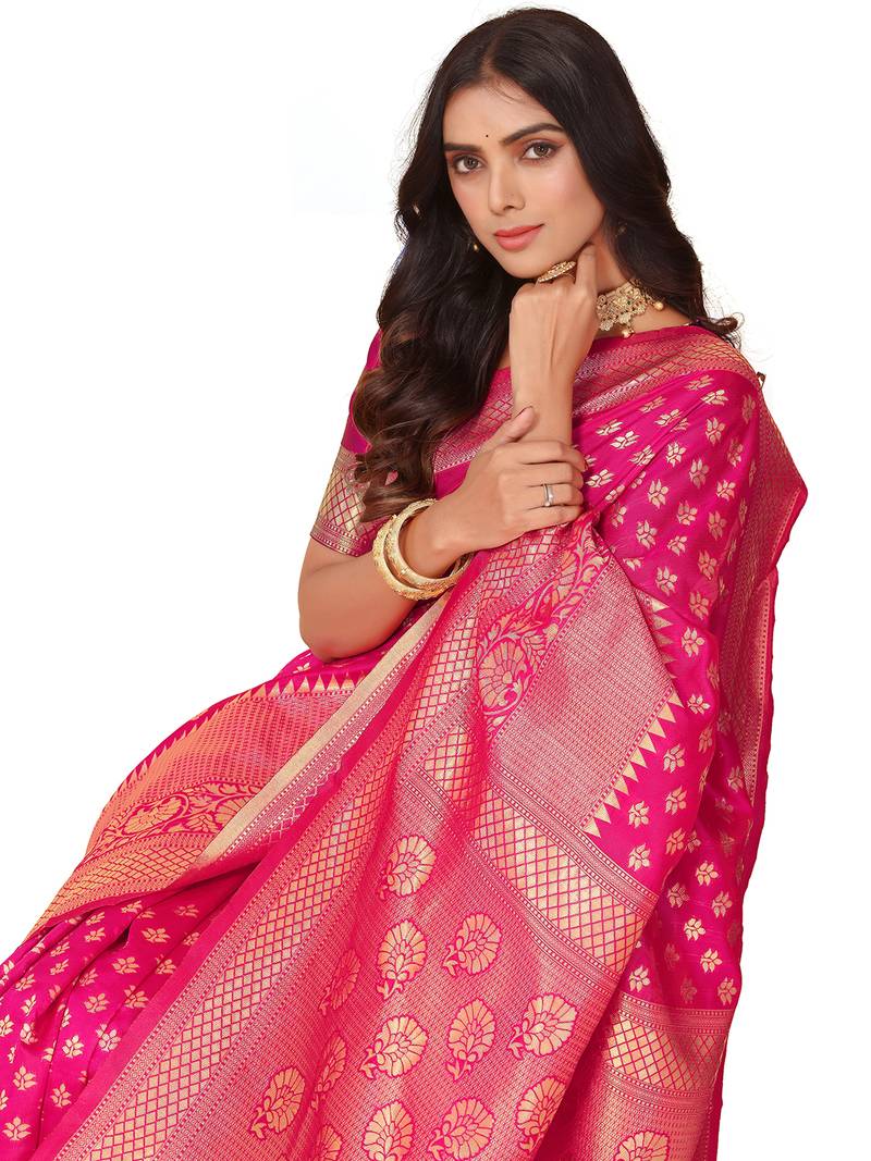 Leeza Store Women's Blue Cotton Silk Blend Latest Kanjivaram Kanchipuram Golden Zari Woven Design Banarasi Saree