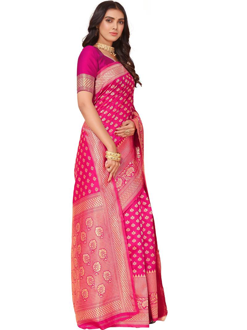 Leeza Store Women's Blue Cotton Silk Blend Latest Kanjivaram Kanchipuram Golden Zari Woven Design Banarasi Saree