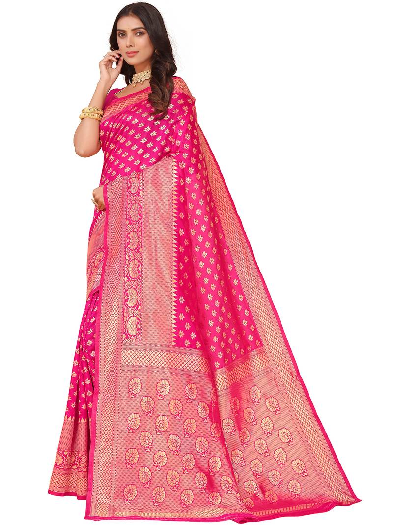 Leeza Store Women's Blue Cotton Silk Blend Latest Kanjivaram Kanchipuram Golden Zari Woven Design Banarasi Saree