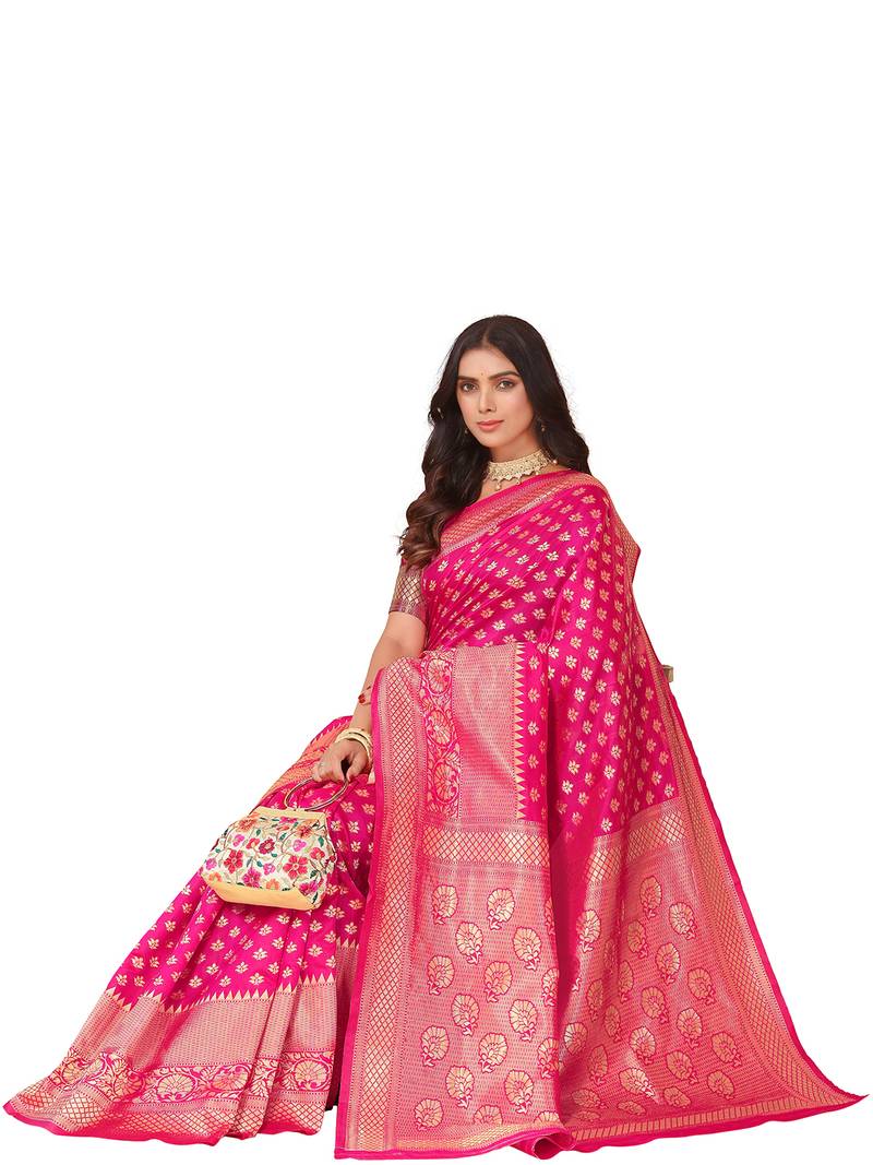 Leeza Store Women's Blue Cotton Silk Blend Latest Kanjivaram Kanchipuram Golden Zari Woven Design Banarasi Saree