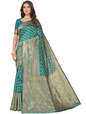 Leeza Store Women's Green Cotton Silk Blend Latest Kanjivaram Kanchipuram Golden Zari Woven Design Banarasi Saree 1