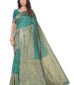 Leeza Store Women's Green Cotton Silk Blend Latest Kanjivaram Kanchipuram Golden Zari Woven Design Banarasi Saree