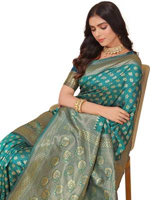 Leeza Store Women's Green Cotton Silk Blend Latest Kanjivaram Kanchipuram Golden Zari Woven Design Banarasi Saree 2
