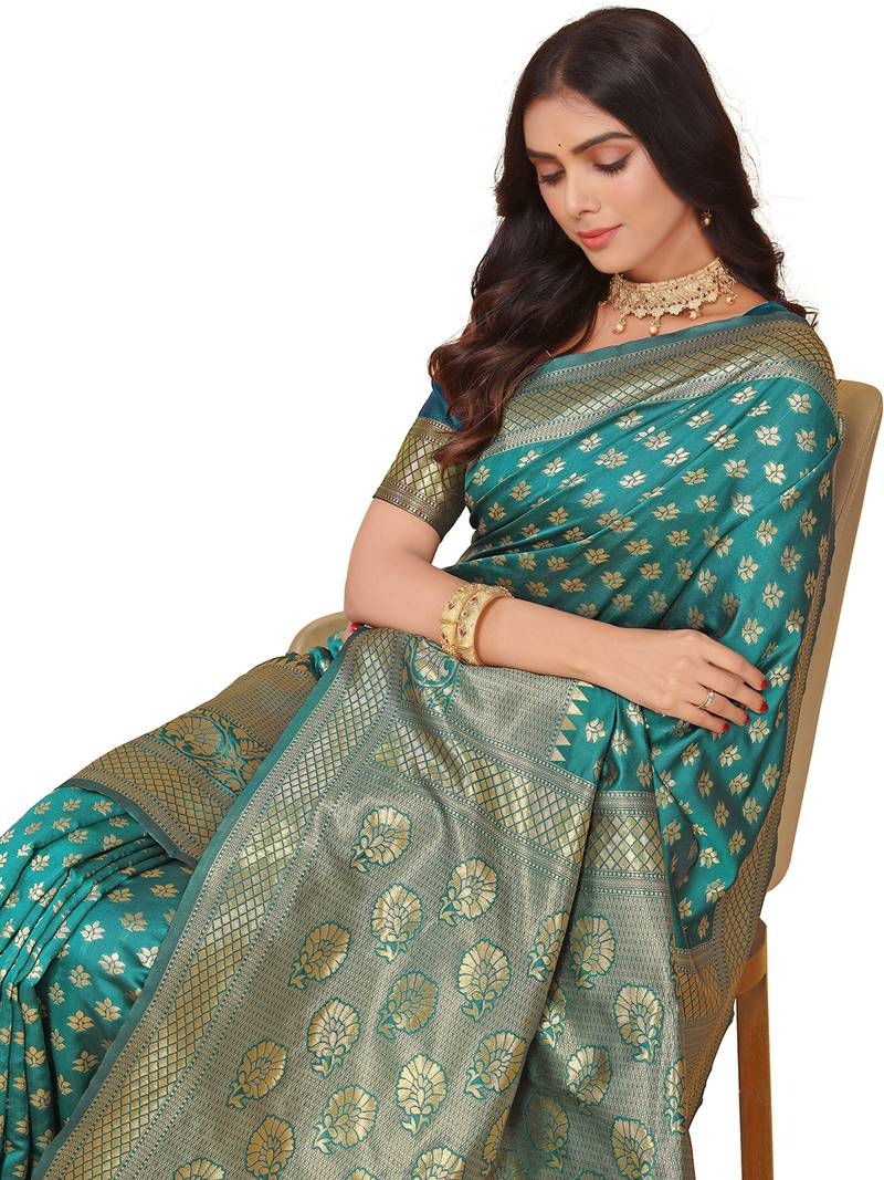 Leeza Store Women's Green Cotton Silk Blend Latest Kanjivaram Kanchipuram Golden Zari Woven Design Banarasi Saree