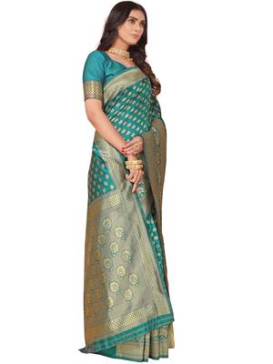 Leeza Store Women's Green Cotton Silk Blend Latest Kanjivaram Kanchipuram Golden Zari Woven Design Banarasi Saree 3