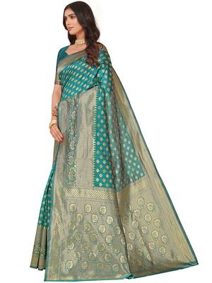 Leeza Store Women's Green Cotton Silk Blend Latest Kanjivaram Kanchipuram Golden Zari Woven Design Banarasi Saree 4