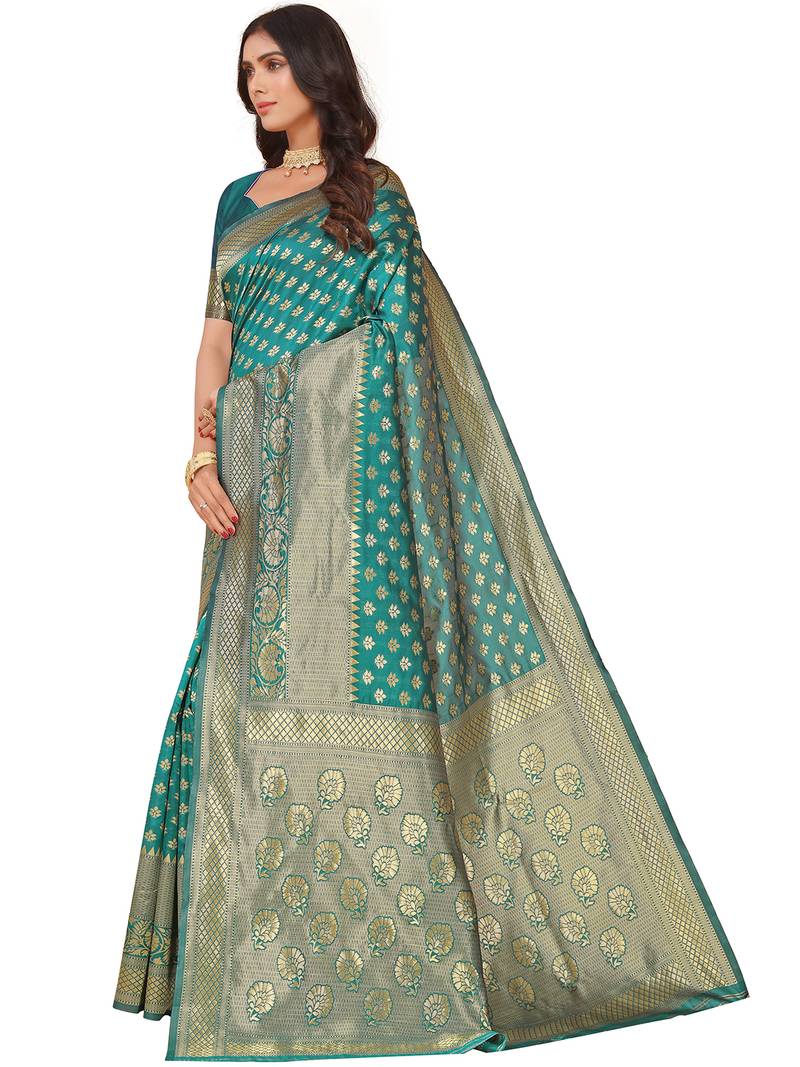 Leeza Store Women's Green Cotton Silk Blend Latest Kanjivaram Kanchipuram Golden Zari Woven Design Banarasi Saree