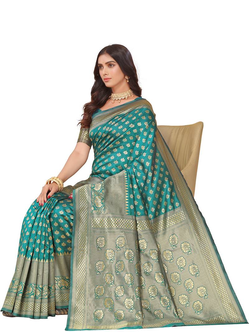Leeza Store Women's Green Cotton Silk Blend Latest Kanjivaram Kanchipuram Golden Zari Woven Design Banarasi Saree