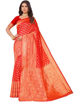 Leeza Store Women's Red Cotton Silk Blend Latest Kanjivaram Kanchipuram Golden Zari Woven Design Banarasi Saree 1