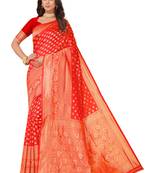 Leeza Store Women's Red Cotton Silk Blend Latest Kanjivaram Kanchipuram Golden Zari Woven Design Banarasi Saree