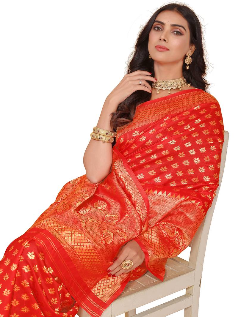 Leeza Store Women's Red Cotton Silk Blend Latest Kanjivaram Kanchipuram Golden Zari Woven Design Banarasi Saree