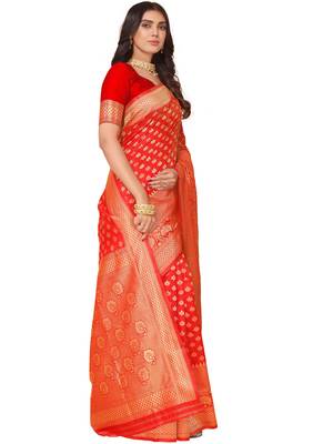 Leeza Store Women's Red Cotton Silk Blend Latest Kanjivaram Kanchipuram Golden Zari Woven Design Banarasi Saree 3