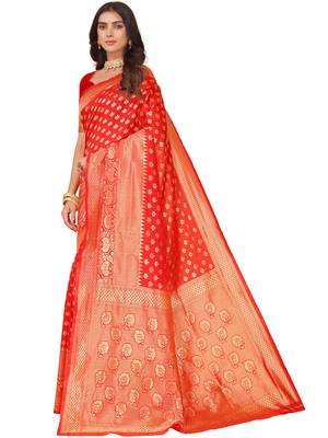 Leeza Store Women's Red Cotton Silk Blend Latest Kanjivaram Kanchipuram Golden Zari Woven Design Banarasi Saree 4