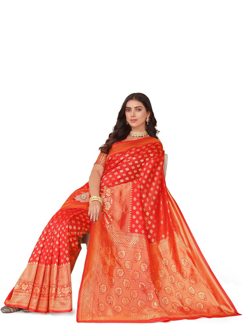 Leeza Store Women's Red Cotton Silk Blend Latest Kanjivaram Kanchipuram Golden Zari Woven Design Banarasi Saree