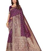 Leeza Store Women's Purple Cotton Silk Blend Latest Kanjivaram Kanchipuram Golden Zari Woven Design Banarasi Saree