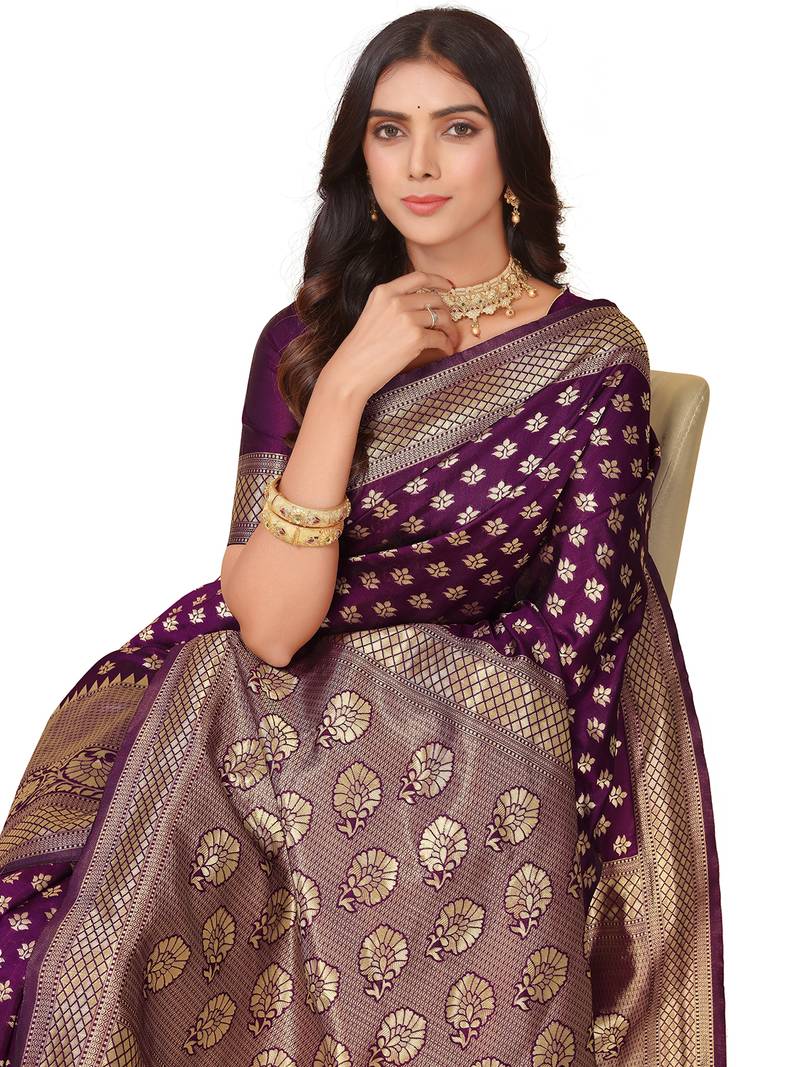 Leeza Store Women's Purple Cotton Silk Blend Latest Kanjivaram Kanchipuram Golden Zari Woven Design Banarasi Saree