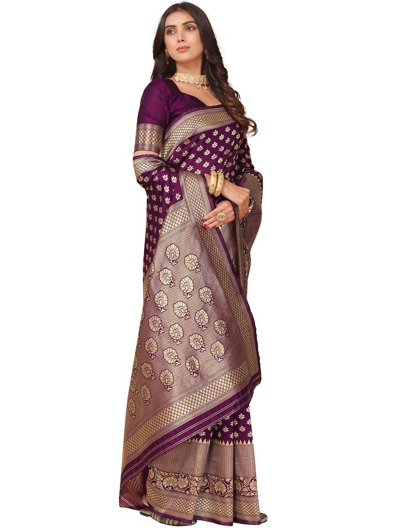 Leeza Store Women's Purple Cotton Silk Blend Latest Kanjivaram Kanchipuram Golden Zari Woven Design Banarasi Saree