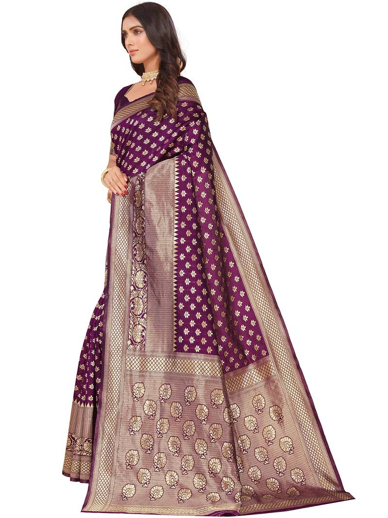 Leeza Store Women's Purple Cotton Silk Blend Latest Kanjivaram Kanchipuram Golden Zari Woven Design Banarasi Saree