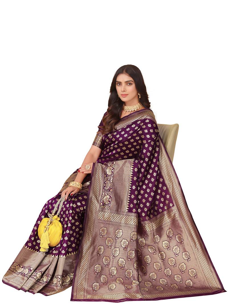 Leeza Store Women's Purple Cotton Silk Blend Latest Kanjivaram Kanchipuram Golden Zari Woven Design Banarasi Saree