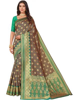 Leeza Store Women'S Green Brown Cotton Silk Blend Golden Zari Woven Design Striped Faux Banarasi Saree 1