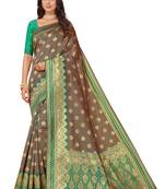 Leeza Store Women'S Green Brown Cotton Silk Blend Golden Zari Woven Design Striped Faux Banarasi Saree