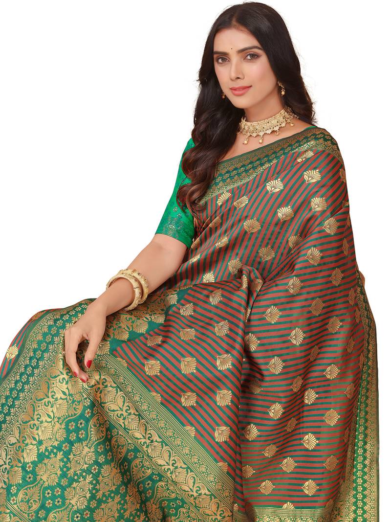 Leeza Store Women'S Green Brown Cotton Silk Blend Golden Zari Woven Design Striped Faux Banarasi Saree