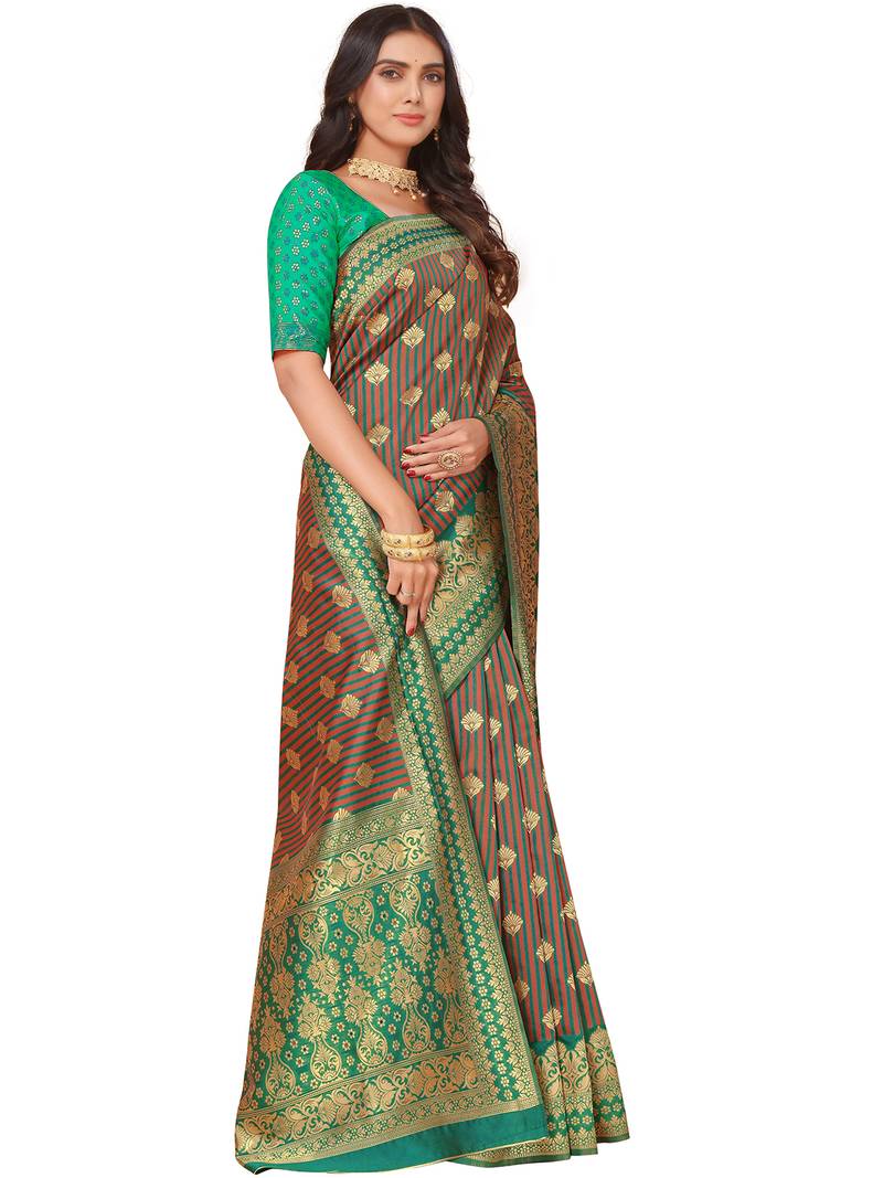 Leeza Store Women'S Green Brown Cotton Silk Blend Golden Zari Woven Design Striped Faux Banarasi Saree