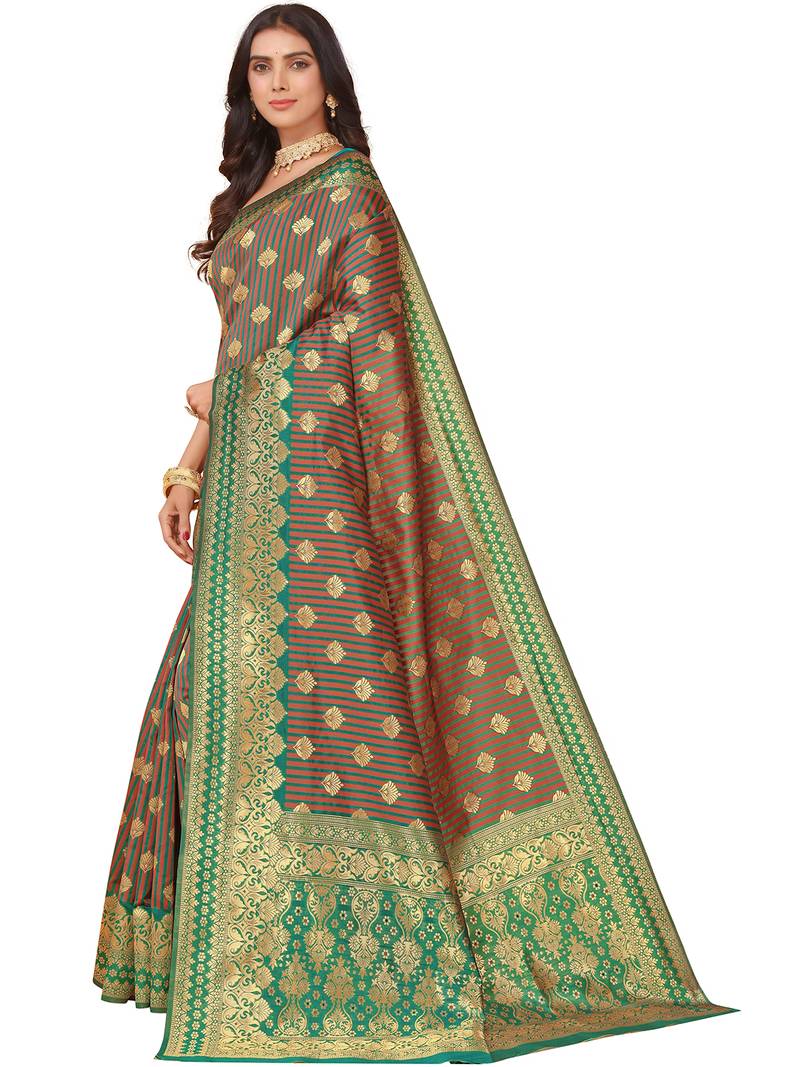 Leeza Store Women'S Green Brown Cotton Silk Blend Golden Zari Woven Design Striped Faux Banarasi Saree