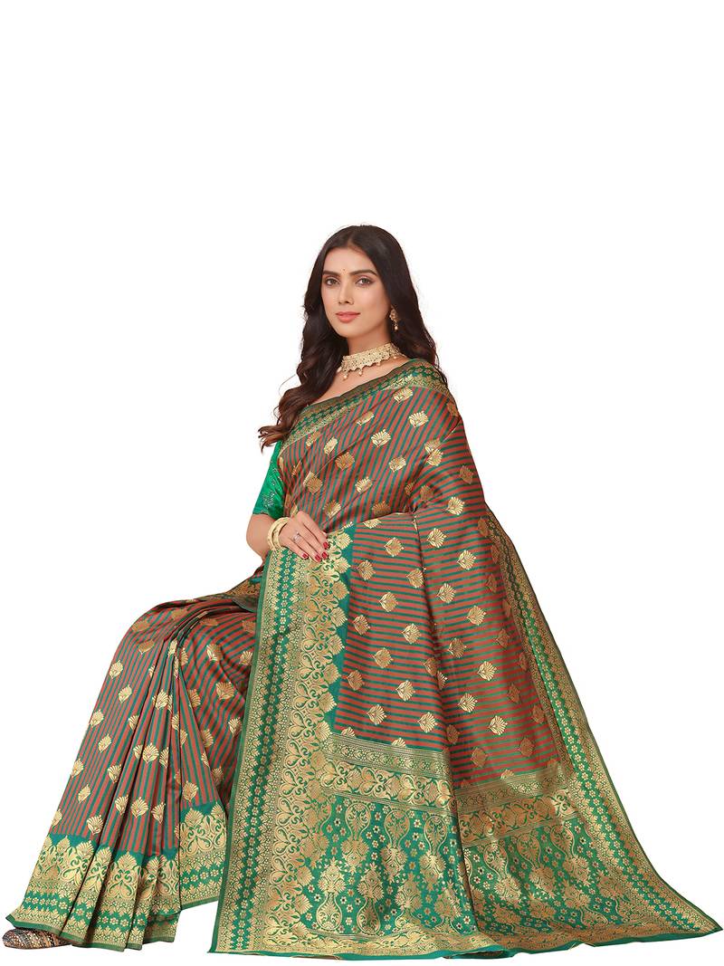 Leeza Store Women'S Green Brown Cotton Silk Blend Golden Zari Woven Design Striped Faux Banarasi Saree