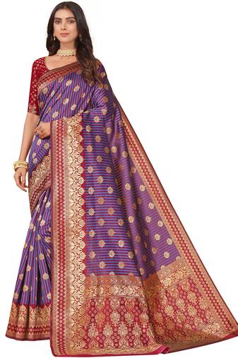 Leeza Store Women'S Purple Maroon Cotton Silk Blend Golden Zari Woven Design Striped Faux Banarasi Saree
