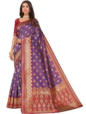 Leeza Store Women'S Purple Maroon Cotton Silk Blend Golden Zari Woven Design Striped Faux Banarasi Saree 1