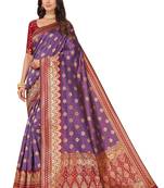 Leeza Store Women'S Purple Maroon Cotton Silk Blend Golden Zari Woven Design Striped Faux Banarasi Saree