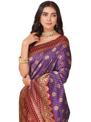 Leeza Store Women'S Purple Maroon Cotton Silk Blend Golden Zari Woven Design Striped Faux Banarasi Saree 2