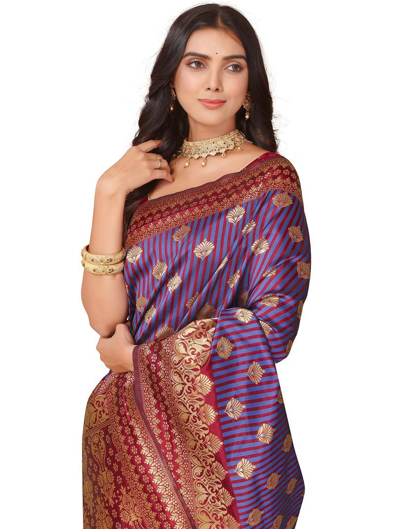 Leeza Store Women'S Purple Maroon Cotton Silk Blend Golden Zari Woven Design Striped Faux Banarasi Saree