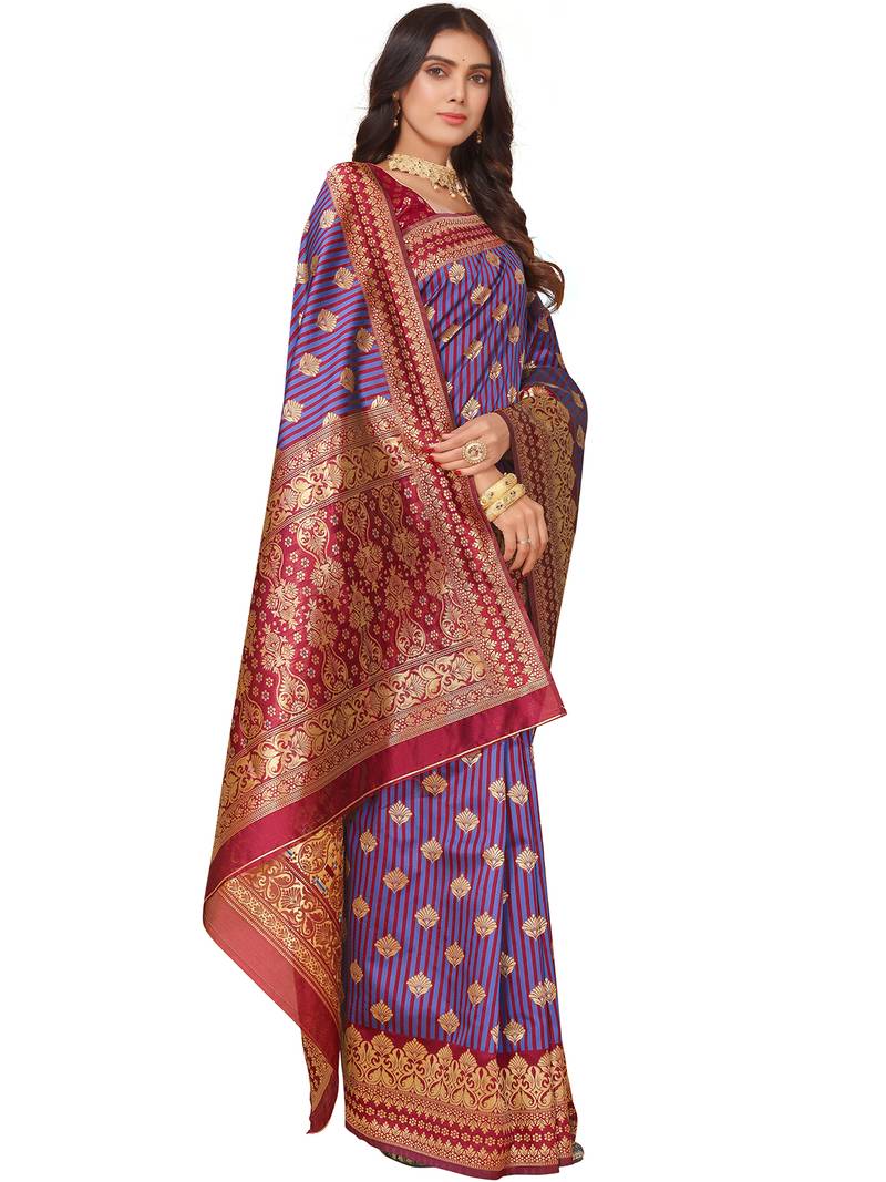 Leeza Store Women'S Purple Maroon Cotton Silk Blend Golden Zari Woven Design Striped Faux Banarasi Saree