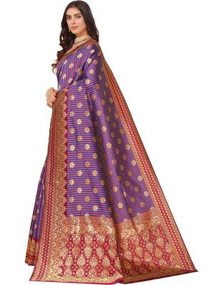 Leeza Store Women'S Purple Maroon Cotton Silk Blend Golden Zari Woven Design Striped Faux Banarasi Saree 4