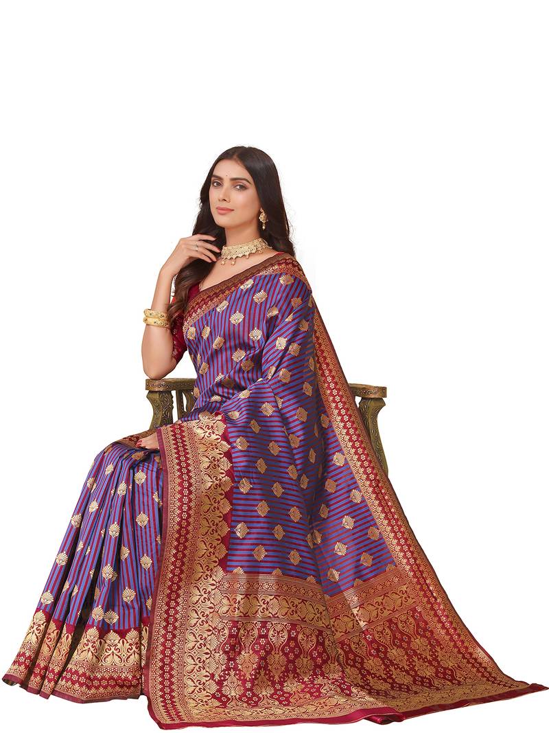 Leeza Store Women'S Purple Maroon Cotton Silk Blend Golden Zari Woven Design Striped Faux Banarasi Saree