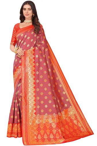 Leeza Store Women'S Red Grey Cotton Silk Blend Golden Zari Woven Design Striped Faux Banarasi Saree