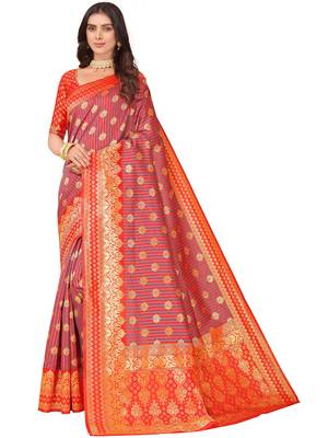 Leeza Store Women'S Red Grey Cotton Silk Blend Golden Zari Woven Design Striped Faux Banarasi Saree 1