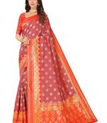 Leeza Store Women'S Red Grey Cotton Silk Blend Golden Zari Woven Design Striped Faux Banarasi Saree