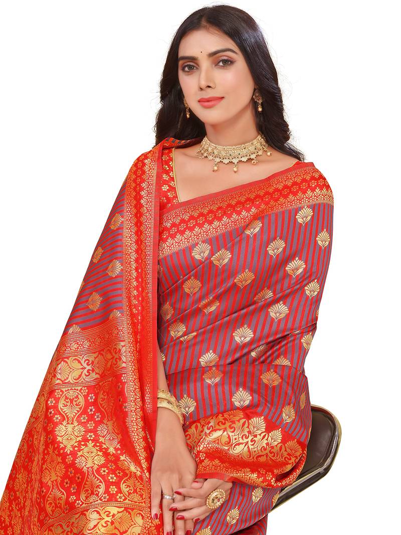 Leeza Store Women'S Red Grey Cotton Silk Blend Golden Zari Woven Design Striped Faux Banarasi Saree