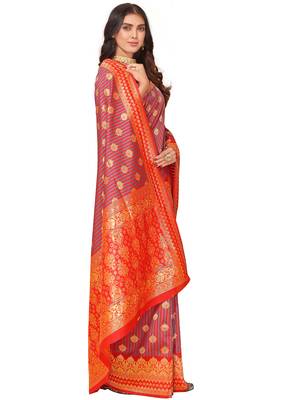 Leeza Store Women'S Red Grey Cotton Silk Blend Golden Zari Woven Design Striped Faux Banarasi Saree 3
